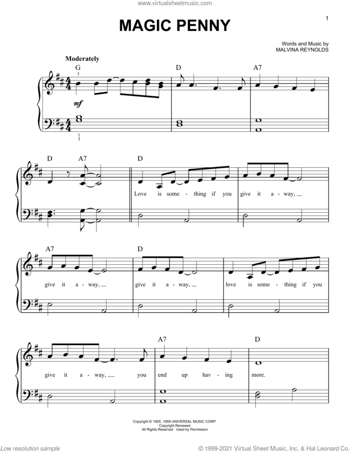 Magic Penny sheet music for piano solo by Malvina Reynolds, easy skill level