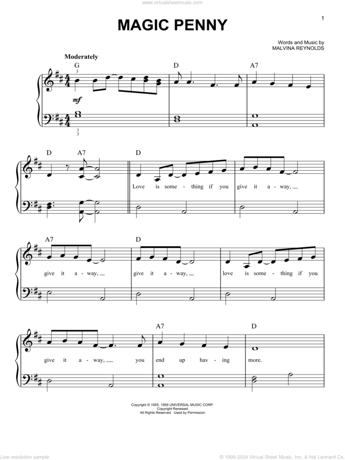 Magic Penny sheet music for piano solo by Malvina Reynolds, easy skill level