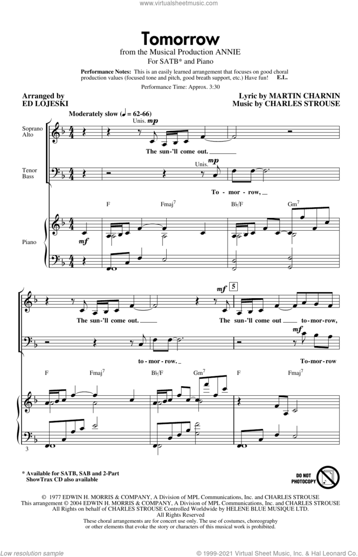Tomorrow (from Annie) (arr. Ed Lojeski) sheet music for choir (SATB: soprano, alto, tenor, bass) by Charles Strouse, Ed Lojeski and Martin Charnin, intermediate skill level