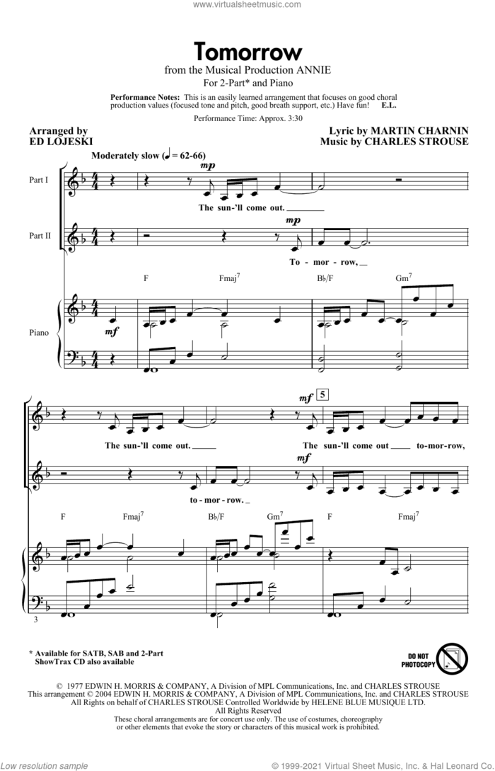 Tomorrow (from Annie) (arr. Ed Lojeski) sheet music for choir (2-Part) by Charles Strouse, Ed Lojeski and Martin Charnin, intermediate duet