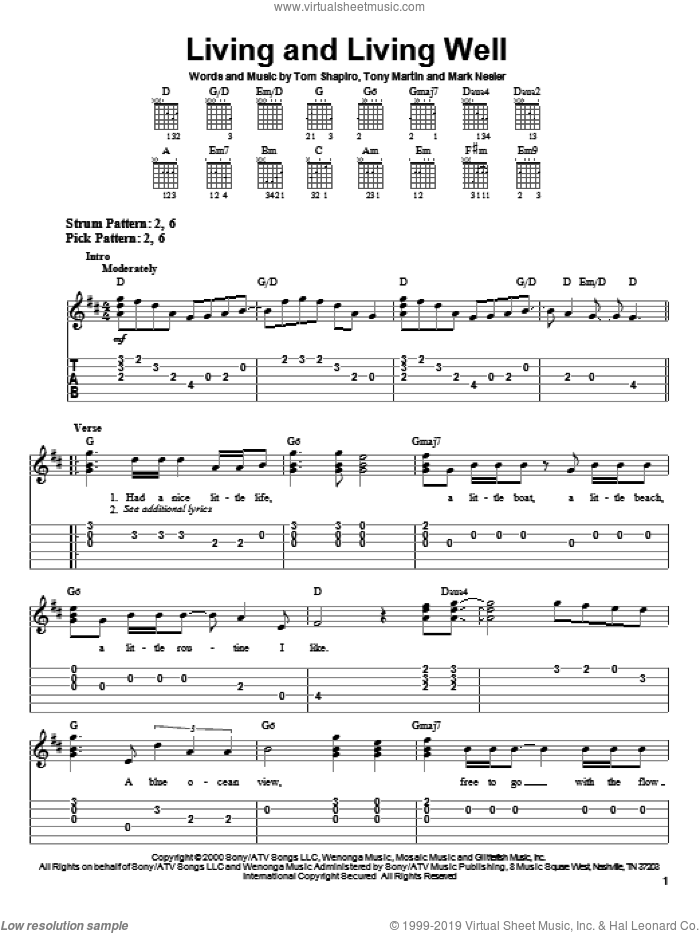 Living And Living Well sheet music for guitar solo (easy tablature) by George Strait, Mark Nesler, Tom Shapiro and Tony Martin, easy guitar (easy tablature)