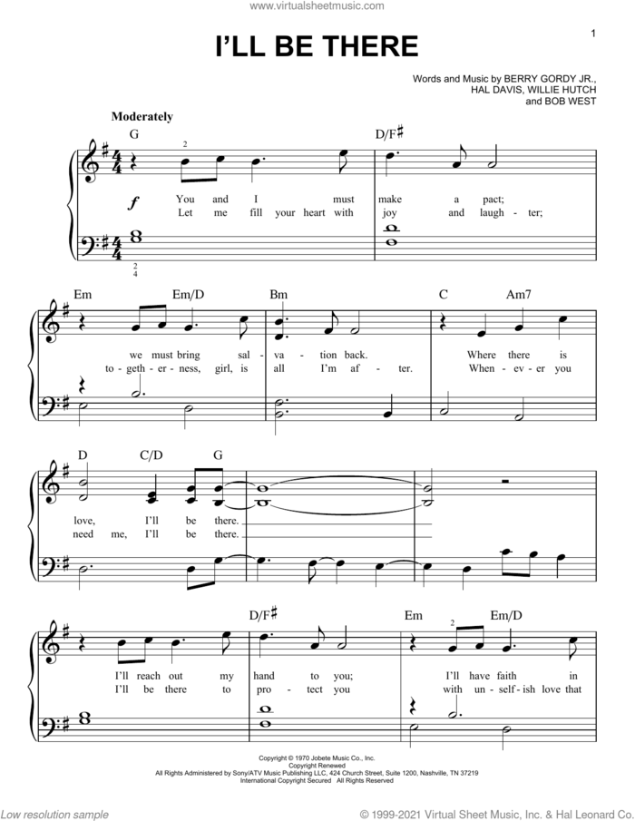 I'll Be There sheet music for piano solo by The Jackson 5, Berry Gordy Jr., Bob West, Hal Davis and Willie Hutch, easy skill level
