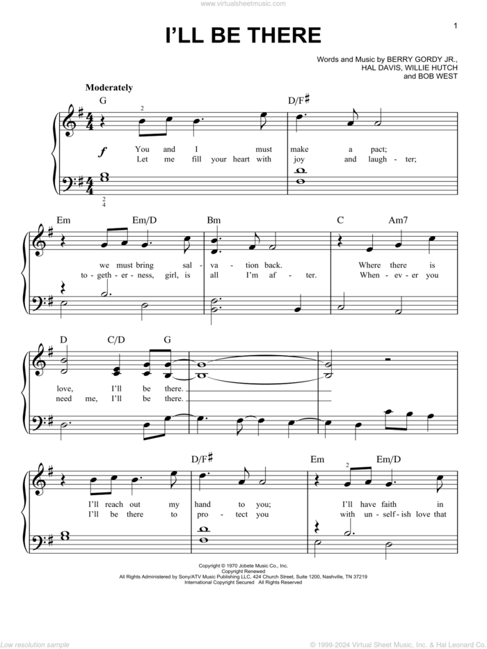 I'll Be There sheet music for piano solo by The Jackson 5, Berry Gordy Jr., Bob West, Hal Davis and Willie Hutch, easy skill level