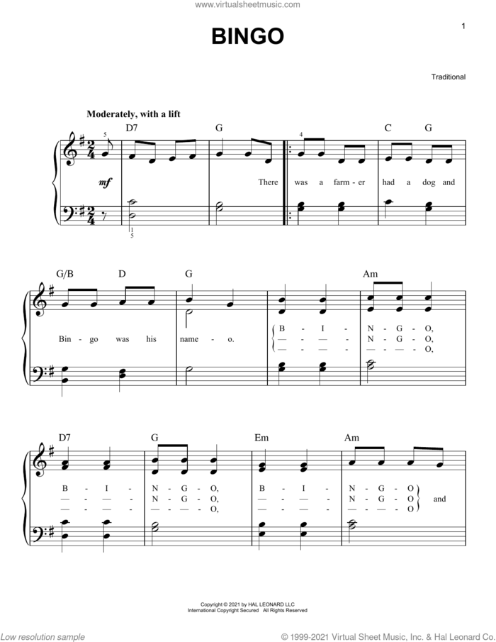 Bingo sheet music for piano solo, easy skill level