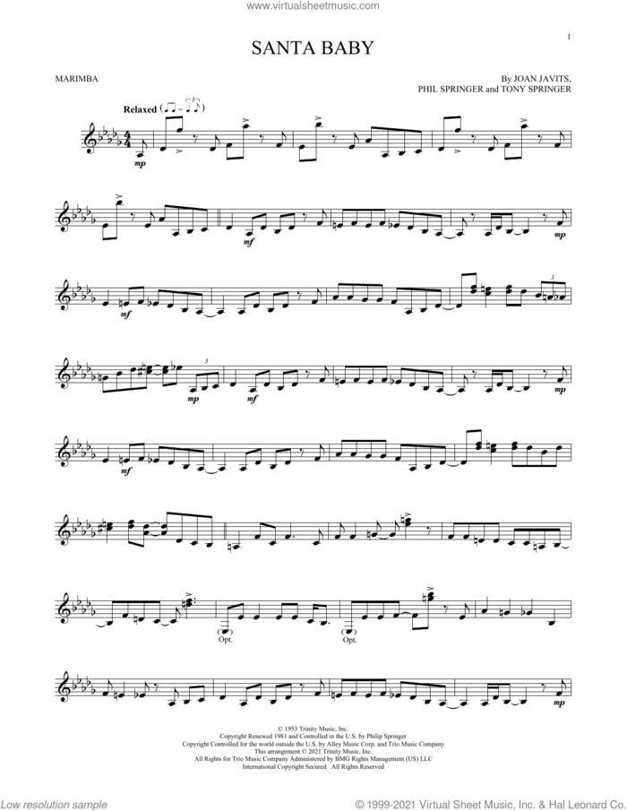 Santa Baby sheet music for Marimba Solo by Eartha Kitt, Will Rapp, Joan Javits, Phil Springer and Tony Springer, intermediate skill level