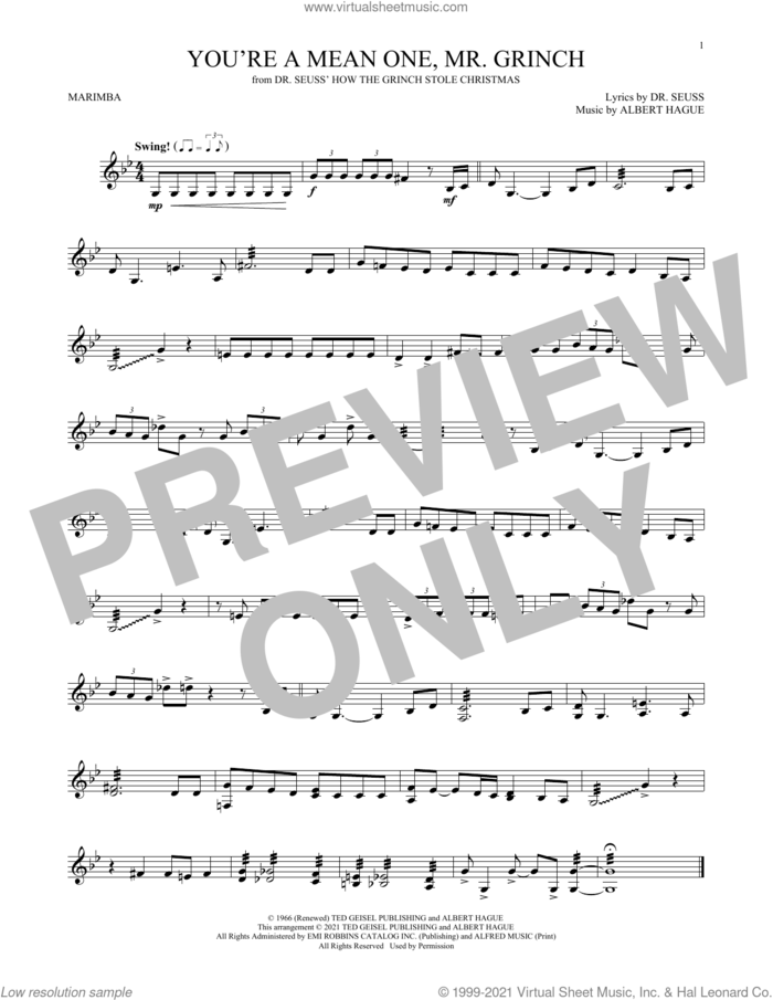 You're A Mean One, Mr. Grinch sheet music for Marimba Solo by Albert Hague, Will Rapp and Dr. Seuss, intermediate skill level