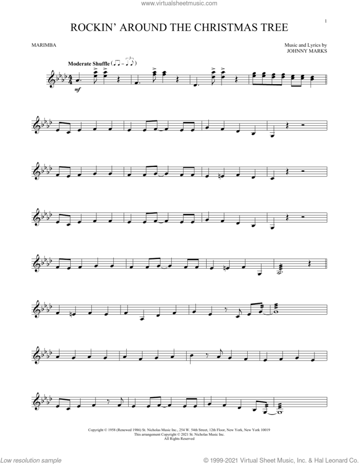 Rockin' Around The Christmas Tree sheet music for Marimba Solo by Brenda Lee, Will Rapp and Johnny Marks, intermediate skill level