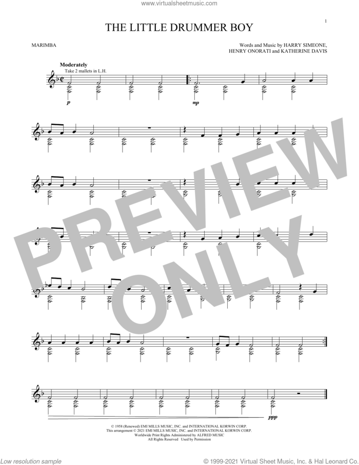 The Little Drummer Boy sheet music for Marimba Solo by Katherine Davis, Will Rapp, Harry Simeone and Henry Onorati, intermediate skill level