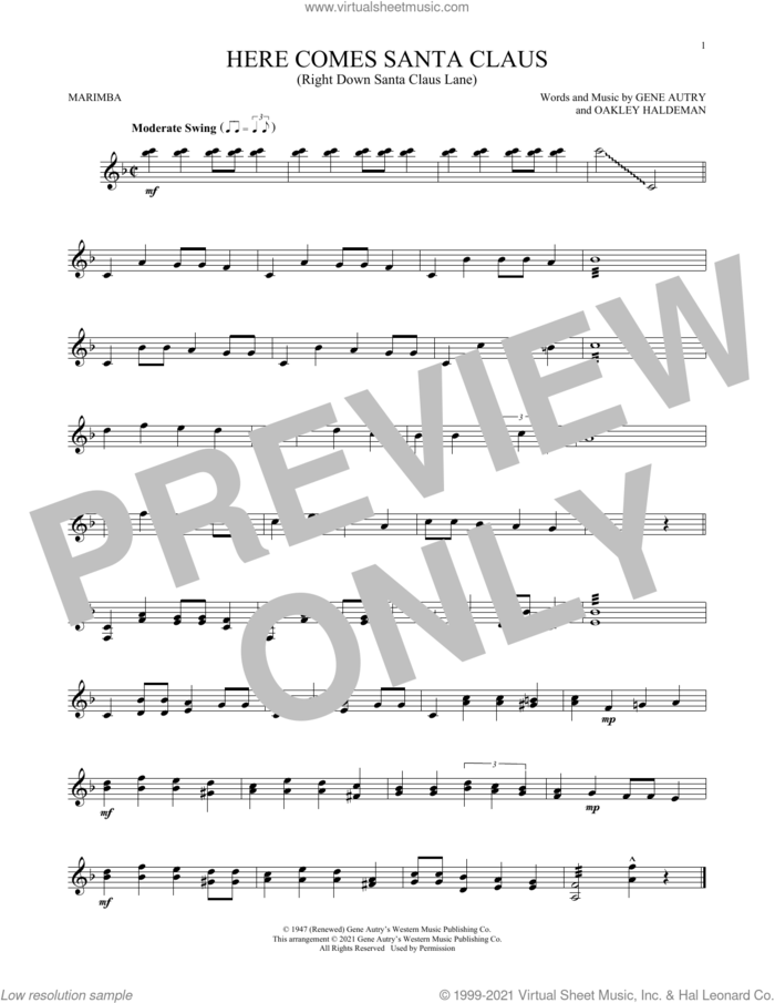 Here Comes Santa Claus (Right Down Santa Claus Lane) sheet music for Marimba Solo by Gene Autry, Will Rapp and Oakley Haldeman, intermediate skill level