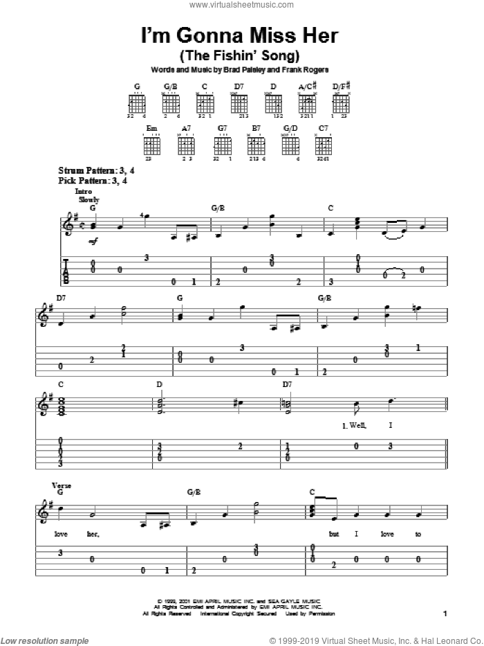 I'm Gonna Miss Her (The Fishin' Song) sheet music for guitar solo (easy tablature) by Brad Paisley and Frank Rogers, easy guitar (easy tablature)