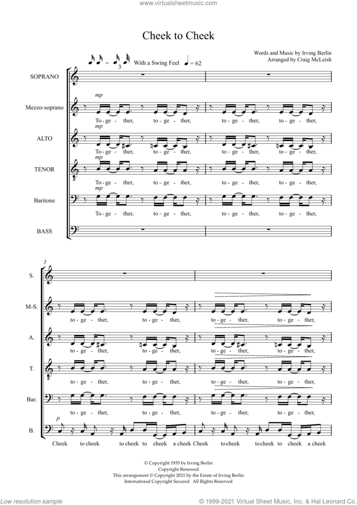 Cheek To Cheek (arr. Craig McLeish) sheet music for choir (SSAATTBB) by Irving Berlin and Craig McLeish, intermediate skill level