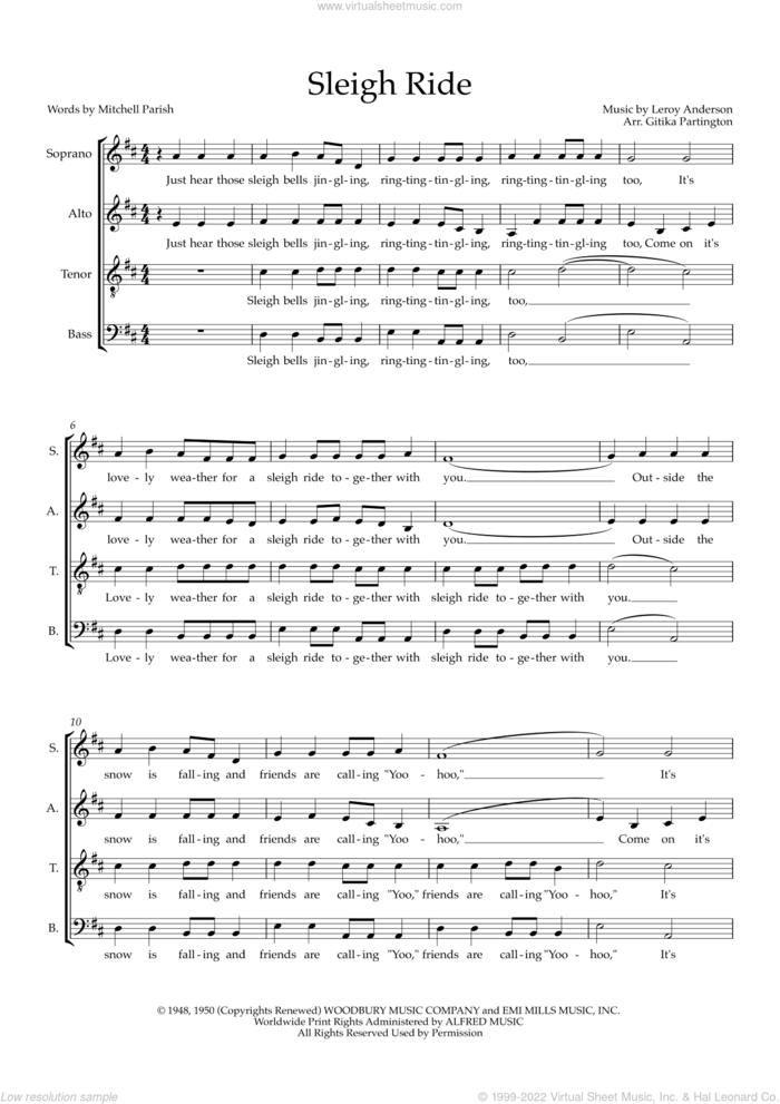 Sleigh Ride (arr. Gitika Partington) sheet music for choir (SATB: soprano, alto, tenor, bass) by Mitchell Parish, Gitika Partington and Leroy Anderson, intermediate skill level