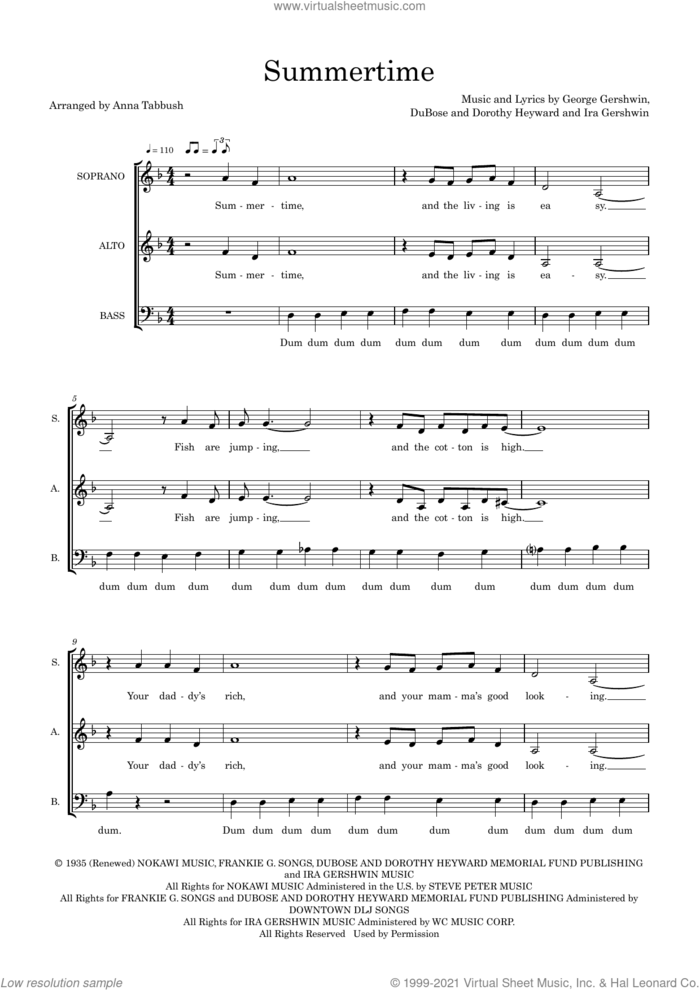 Summertime (arr. Anna Tabbush) sheet music for choir (SAB: soprano, alto, bass) by George Gershwin, Anna Tabbush, Dorothy Heyward, DuBose Heyward and Ira Gershwin, intermediate skill level