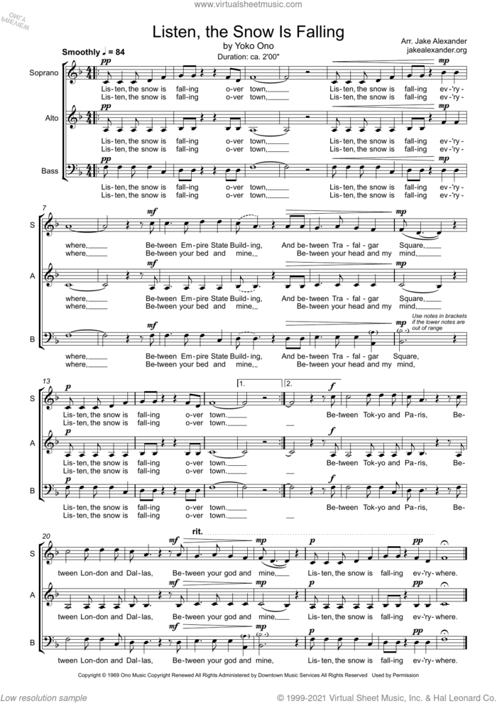 Listen, The Snow Is Falling (arr. Jake Alexander) sheet music for choir (SAB: soprano, alto, bass) by Yoko Ono and Jake Alexander, intermediate skill level