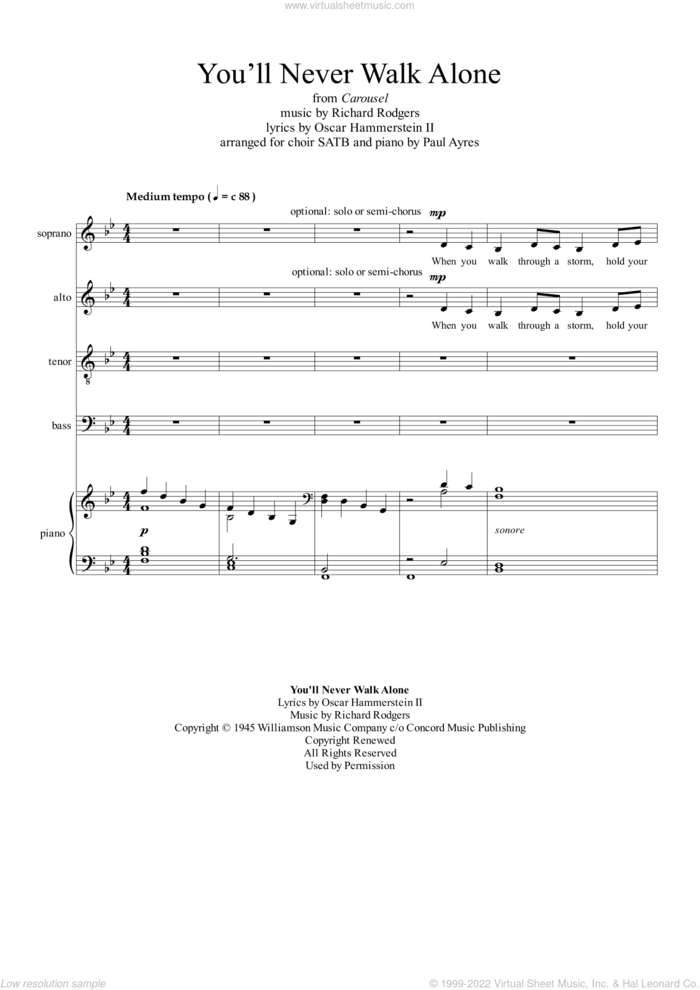 You'll Never Walk Alone (arr. Paul Ayres) sheet music for choir (SATB: soprano, alto, tenor, bass) by Rodgers & Hammerstein, Paul Ayres, Oscar II Hammerstein and Richard Rodgers, intermediate skill level