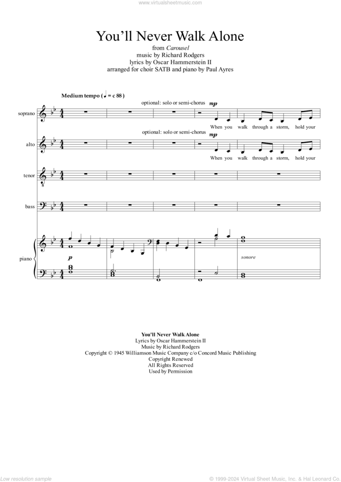 You'll Never Walk Alone (arr. Paul Ayres) sheet music for choir (SATB: soprano, alto, tenor, bass) by Rodgers & Hammerstein, Paul Ayres, Oscar II Hammerstein and Richard Rodgers, intermediate skill level