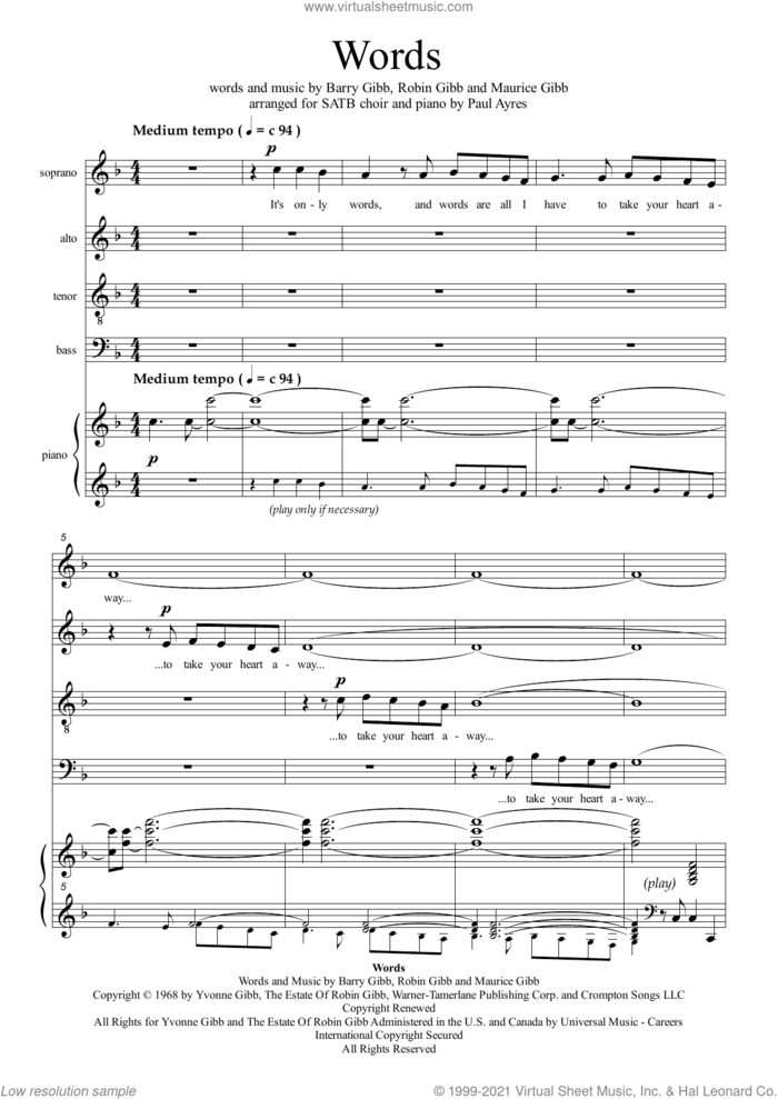 Words (arr. Paul Ayres) sheet music for choir (SATB: soprano, alto, tenor, bass) by Bee Gees, Paul Ayres, Barry Gibb, Maurice Gibb and Robin Gibb, intermediate skill level