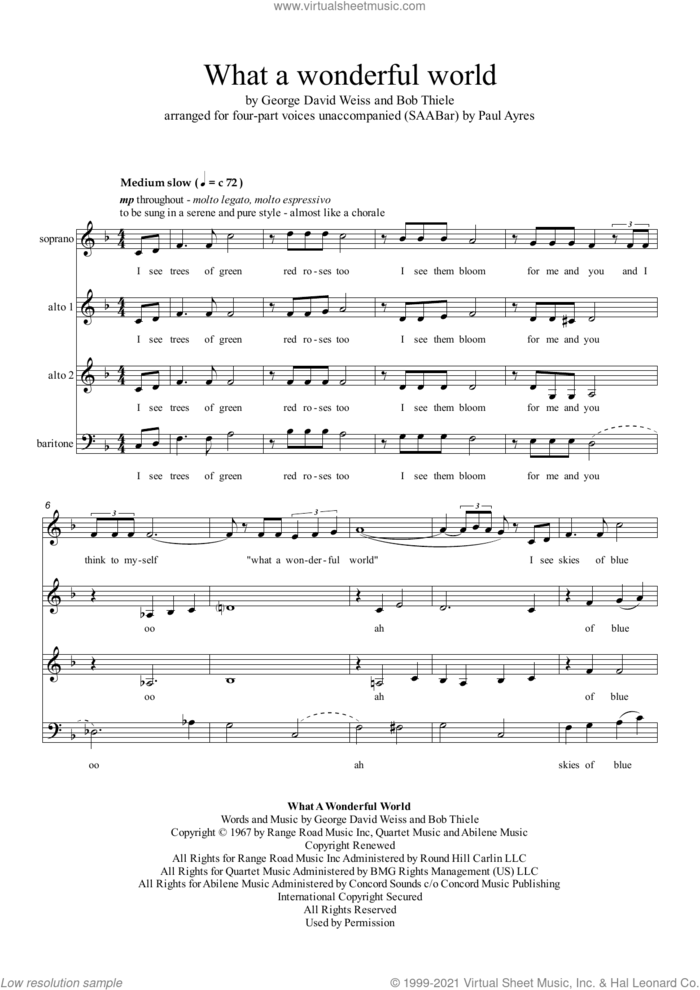 What A Wonderful World (arr. Paul Ayres) sheet music for choir (SAB: soprano, alto, bass) by Louis Armstrong, Paul Ayres, Bob Thiele and George David Weiss, intermediate skill level