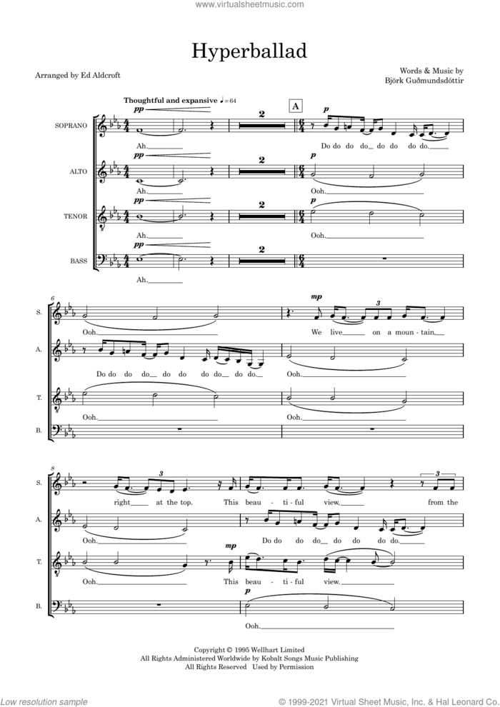 Hyperballad (arr. Ed Aldcroft) sheet music for choir (SATB: soprano, alto, tenor, bass) by Björk, Ed Aldcroft and Bjork Gudmundsdottir, intermediate skill level