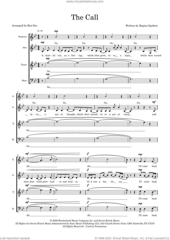 The Call (arr. Ben See) sheet music for choir (SATB: soprano, alto, tenor, bass) by Regina Spektor and Ben See, intermediate skill level