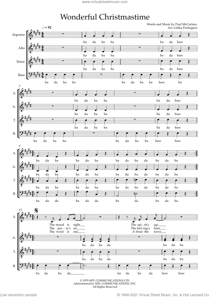 Wonderful Christmastime (arr. Gitika Partington) sheet music for choir (SAATB) by Paul McCartney and Gitika Partington, intermediate skill level