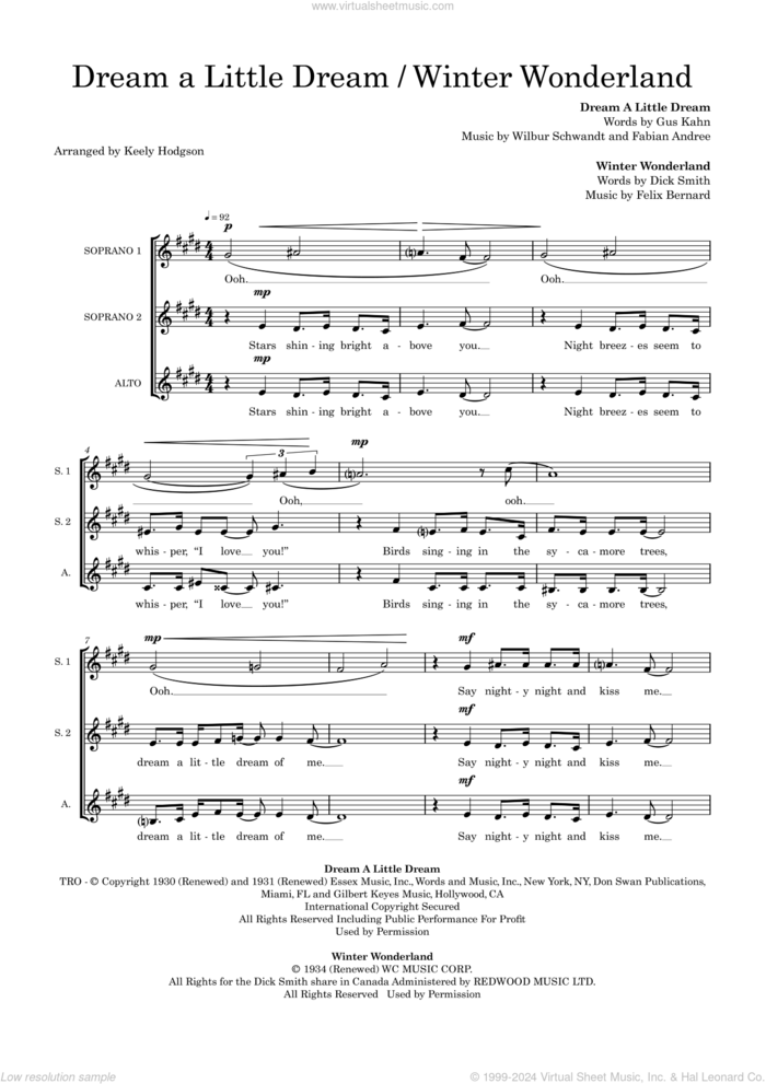 Dream a Little Dream / Winter Wonderland (arr. Keely Hodgson) sheet music for choir (SSA: soprano, alto) , Keely Hodgson, Fabian Andree, Felix Bernard, Gus Kahn, Richard B. Smith and Wilbur Schwandt, intermediate skill level