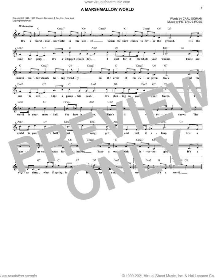 A Marshmallow World sheet music for voice and other instruments (fake book) by Carl Sigman and Peter DeRose, intermediate skill level