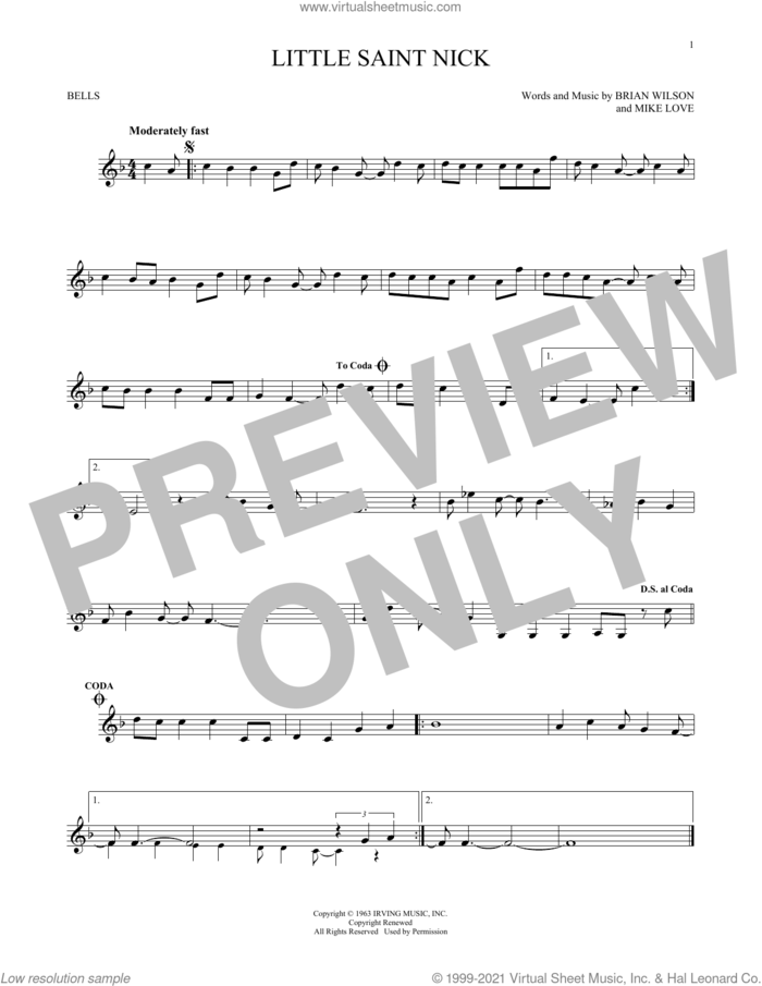 Little Saint Nick sheet music for Hand Bells Solo (bell solo) by The Beach Boys, Brian Wilson and Mike Love, intermediate Hand Bells Solo (bell)