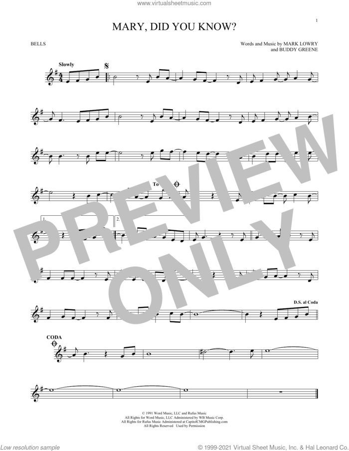 Mary, Did You Know? sheet music for Hand Bells Solo (bell solo) by Buddy Greene, Kathy Mattea and Mark Lowry, intermediate Hand Bells Solo (bell)