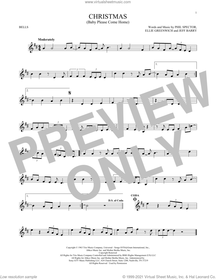 Christmas (Baby Please Come Home) sheet music for Hand Bells Solo (bell solo) by Darlene Love, Mariah Carey, Ellie Greenwich, Jeff Barry and Phil Spector, intermediate Hand Bells Solo (bell)