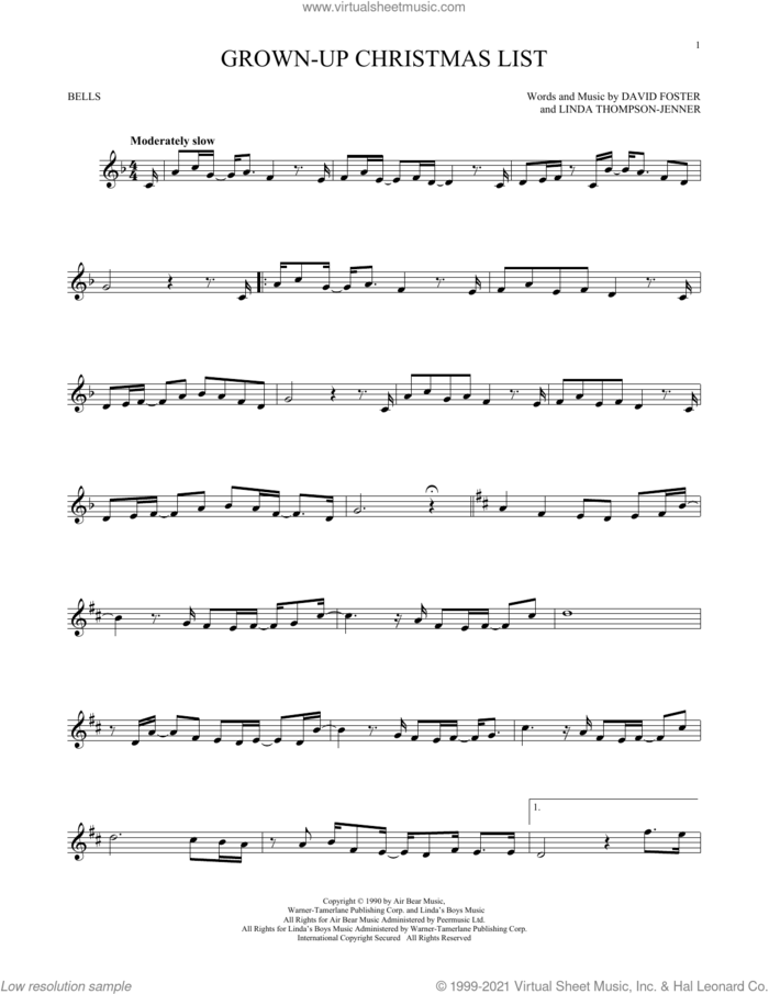 Grown-Up Christmas List sheet music for Hand Bells Solo (bell solo) by Amy Grant, David Foster and Linda Thompson-Jenner, intermediate Hand Bells Solo (bell)
