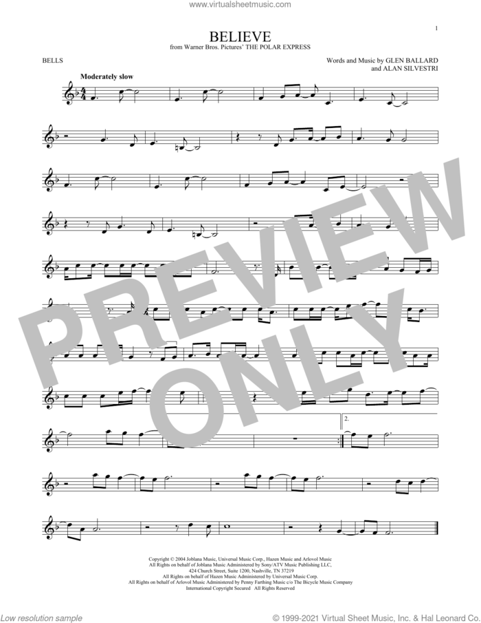 Believe sheet music for Hand Bells Solo (bell solo) by Josh Groban, Alan Silvestri and Glen Ballard, intermediate Hand Bells Solo (bell)