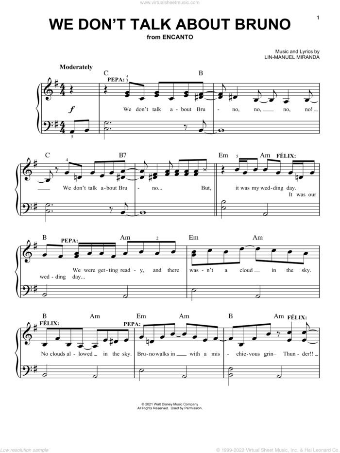We Don't Talk About Bruno (from Encanto) sheet music for piano solo by Lin-Manuel Miranda, easy skill level