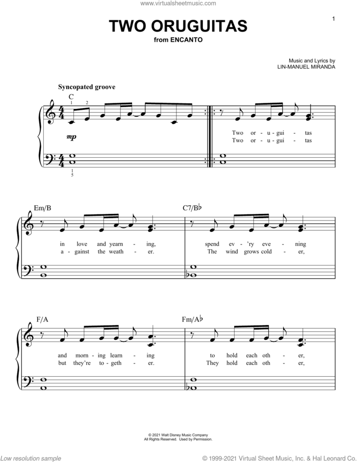 Two Oruguitas (from Encanto) sheet music for piano solo by Lin-Manuel Miranda, easy skill level