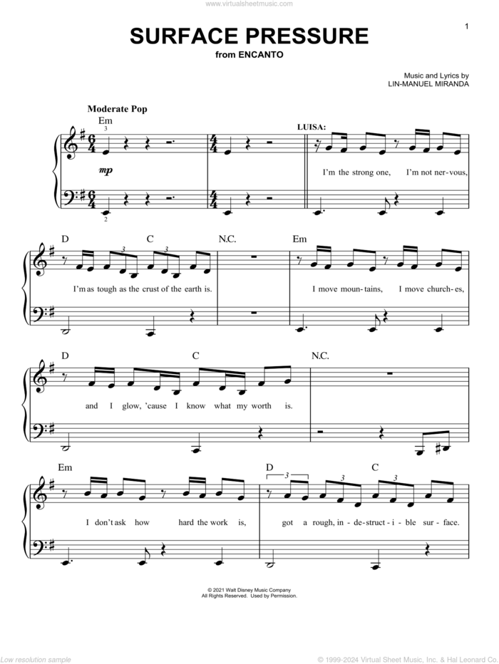 Surface Pressure (from Encanto), (easy) sheet music for piano solo by Lin-Manuel Miranda, easy skill level