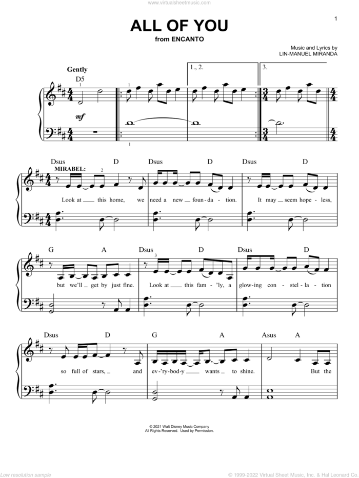 All Of You (from Encanto) sheet music for piano solo by Lin-Manuel Miranda, easy skill level