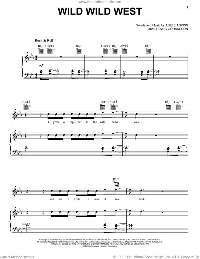 Wild Wild West sheet music for voice, piano or guitar by Adele, Adele Adkins and Ludwig Goransson, intermediate skill level