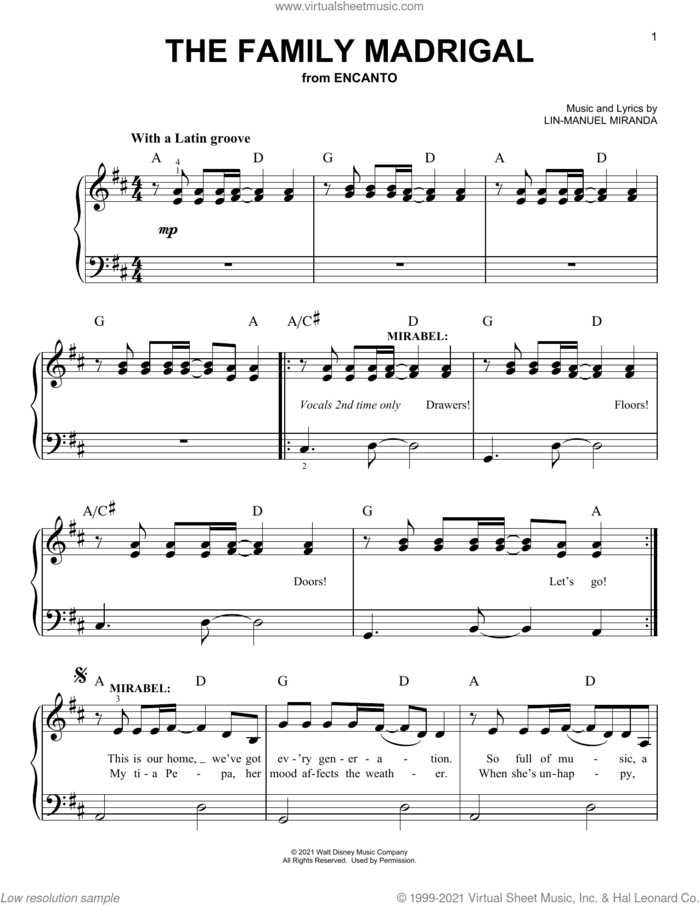 The Family Madrigal (from Encanto), (easy) sheet music for piano solo by Lin-Manuel Miranda, easy skill level