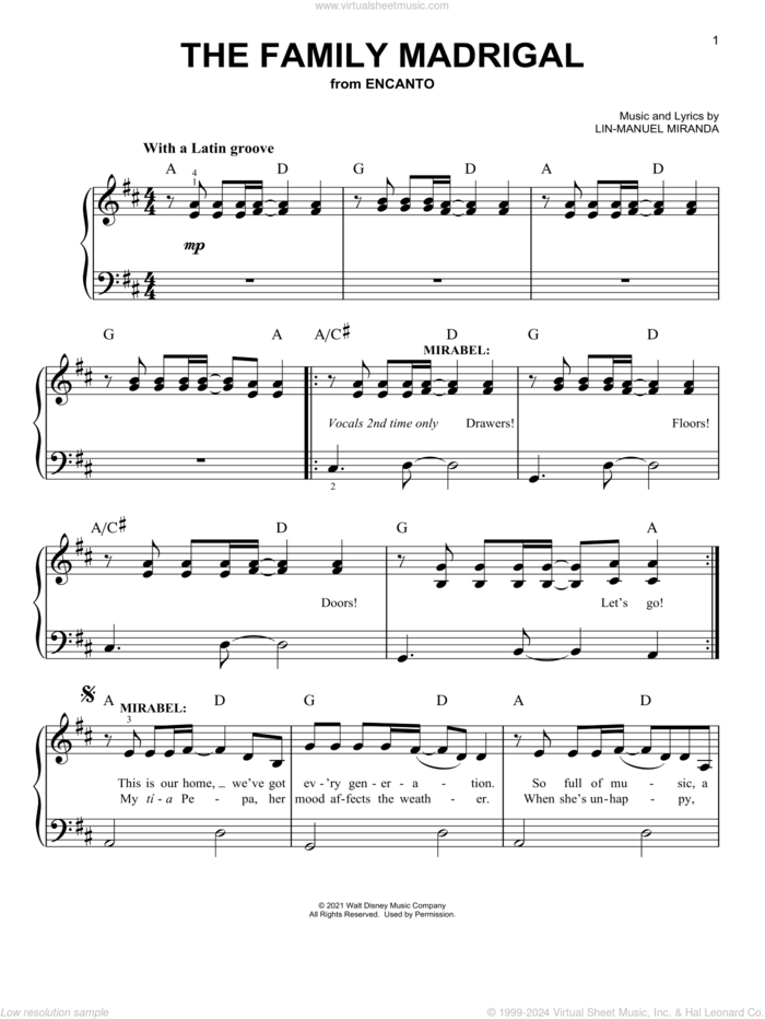 The Family Madrigal (from Encanto), (easy) sheet music for piano solo by Lin-Manuel Miranda, easy skill level