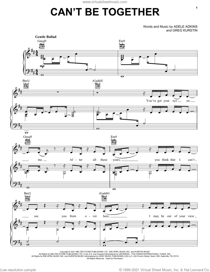 Can't Be Together sheet music for voice, piano or guitar by Adele, Adele Adkins and Greg Kurstin, intermediate skill level