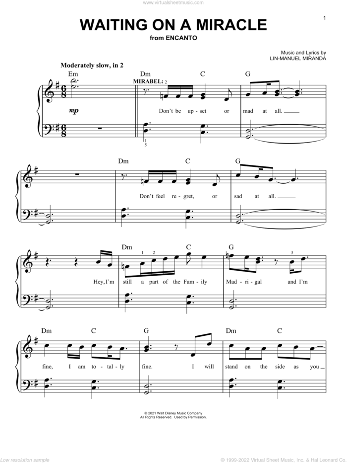Waiting On A Miracle (from Encanto), (easy) sheet music for piano solo by Lin-Manuel Miranda, easy skill level