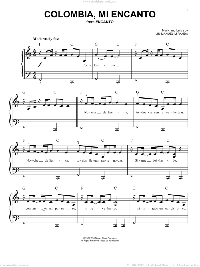 Colombia, Mi Encanto (from Encanto) sheet music for piano solo by Lin-Manuel Miranda, easy skill level