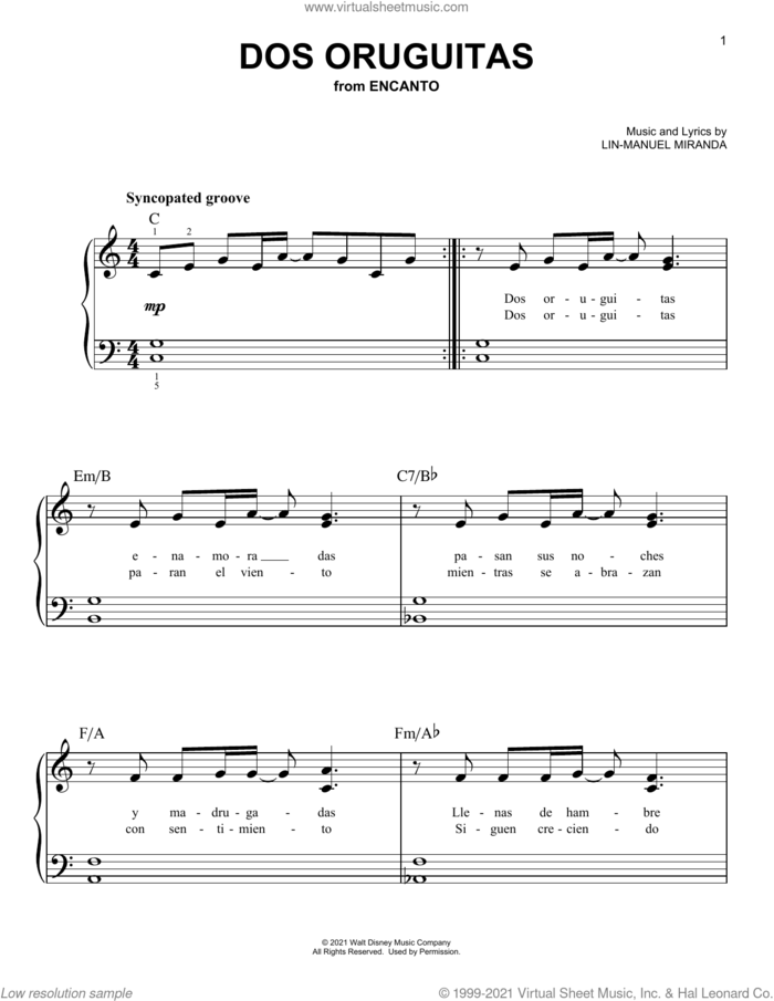 Dos Oruguitas (from Encanto), (easy) sheet music for piano solo by Lin-Manuel Miranda, easy skill level