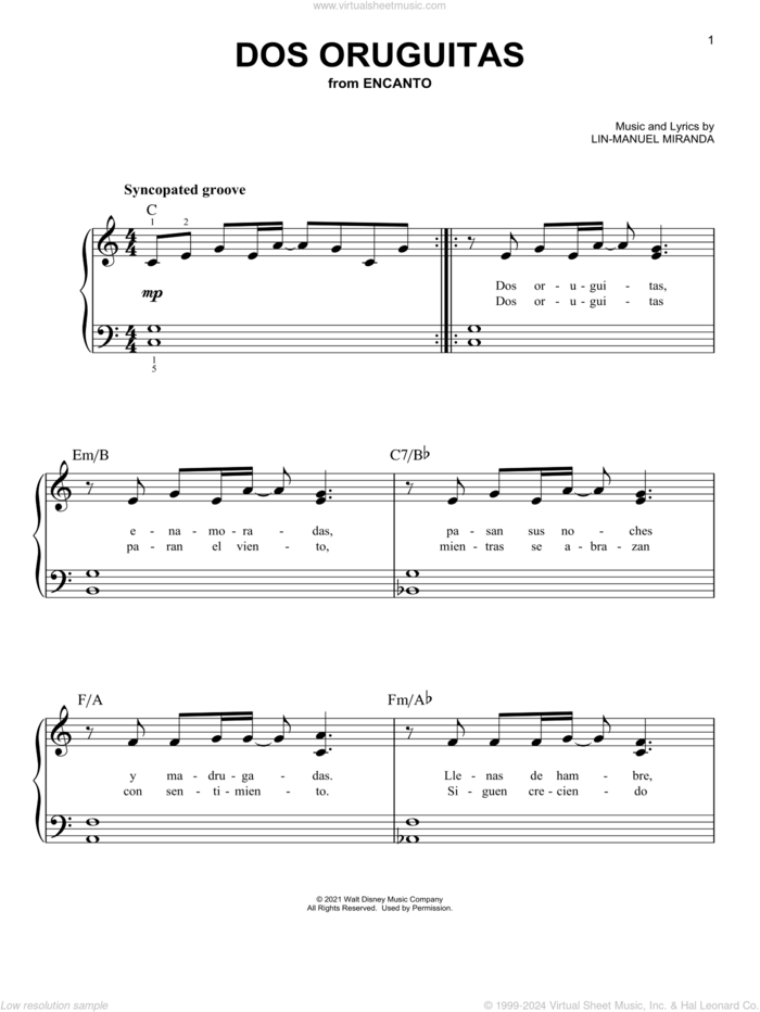 Dos Oruguitas (from Encanto), (easy) sheet music for piano solo by Lin-Manuel Miranda, easy skill level