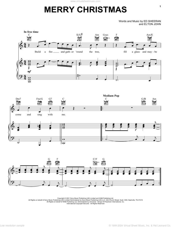 Merry Christmas sheet music for voice, piano or guitar by Ed Sheeran & Elton John, Ed Sheeran and Elton John, intermediate skill level