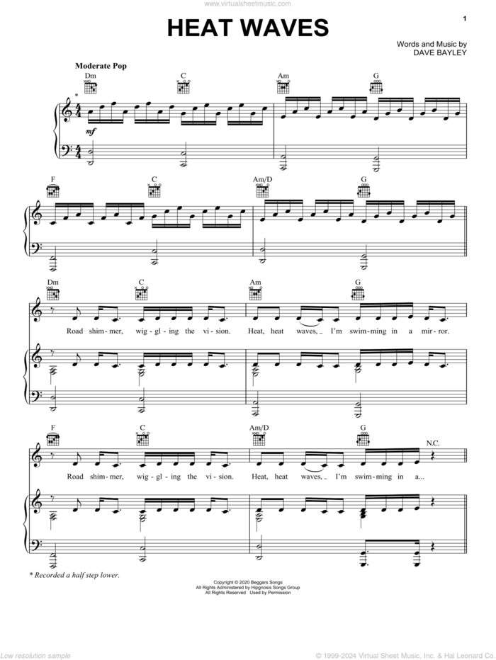 Heat Waves sheet music for voice, piano or guitar by Glass Animals and Dave Bayley, intermediate skill level
