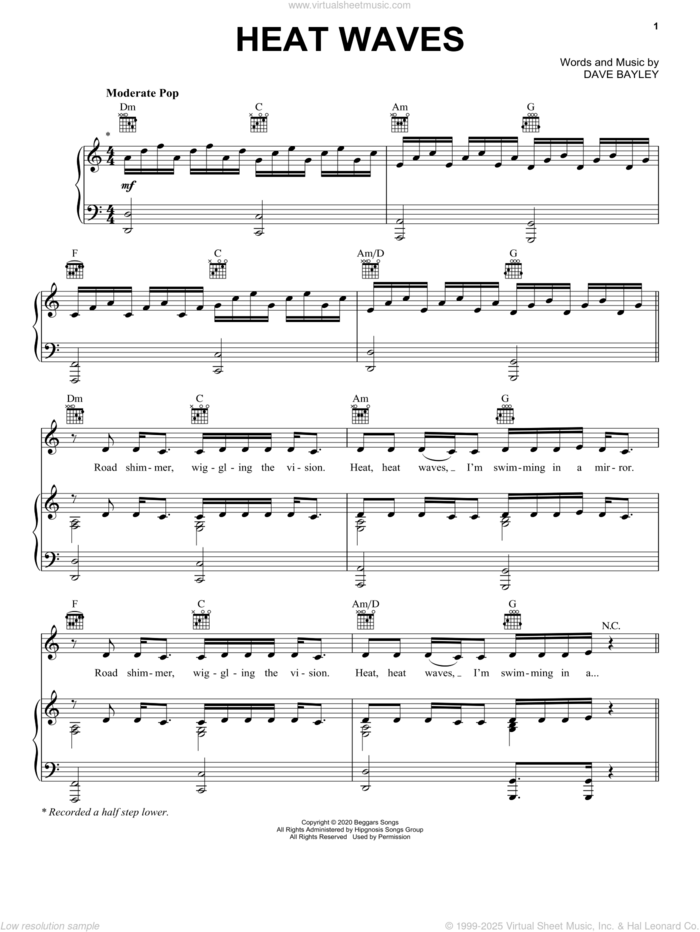 Heat Waves sheet music for voice, piano or guitar by Glass Animals and Dave Bayley, intermediate skill level