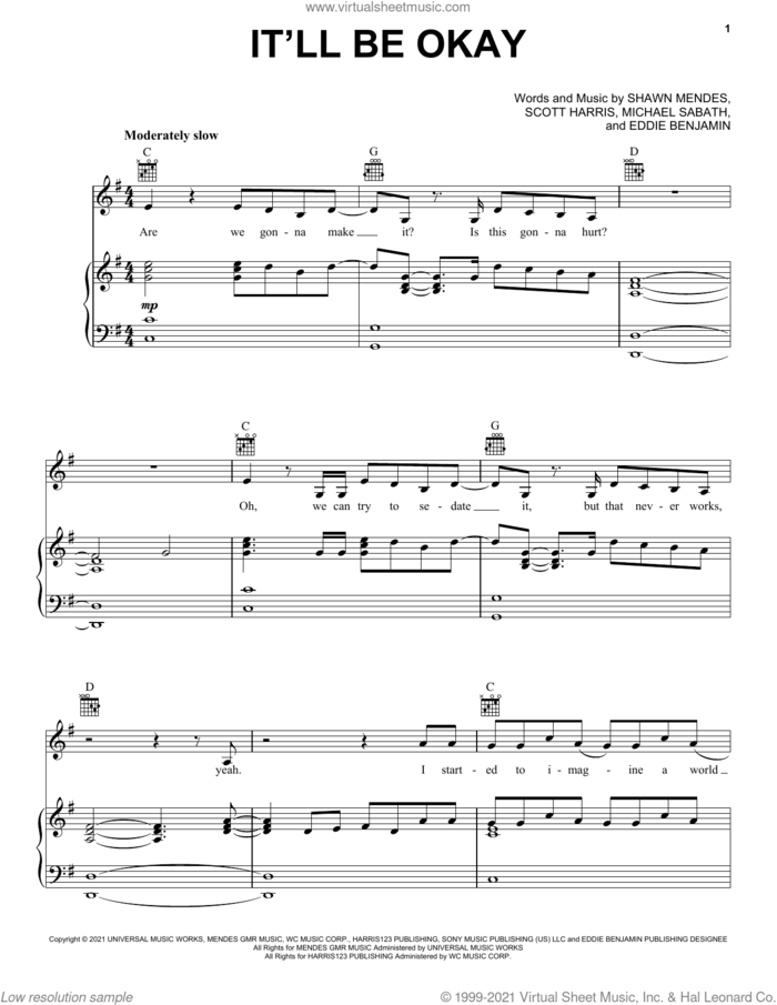 It'll Be Okay sheet music for voice, piano or guitar by Shawn Mendes, Eddie Benjamin, Michael Sabath and Scott Harris, intermediate skill level