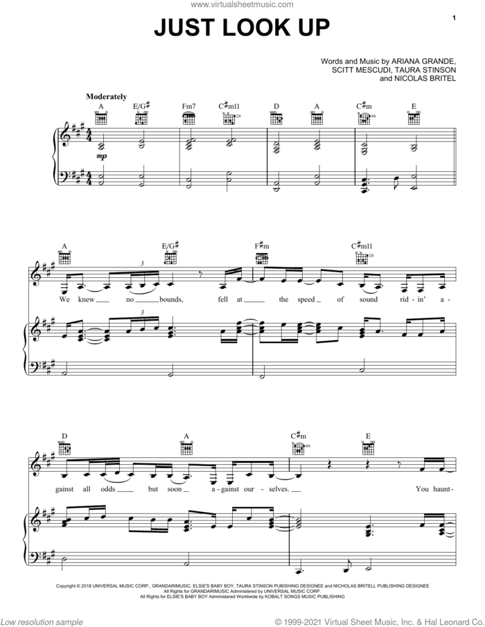 Just Look Up (from Don't Look Up) sheet music for voice, piano or guitar by Ariana Grande & Kid Cudi, Ariana Grande, Nicholas Britell, Scott Mescudi and Taura Stinson, intermediate skill level