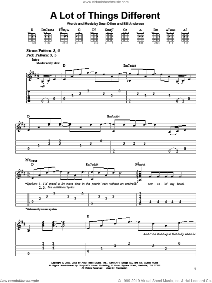 A Lot Of Things Different sheet music for guitar solo (easy tablature) by Kenny Chesney, Bill Anderson and Dean Dillon, easy guitar (easy tablature)